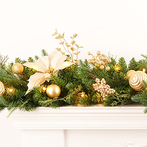 Pre-lit 9ft Christmas Garland with Gold Berries & Balls, Battery Operated - Gold / Christmas Decor