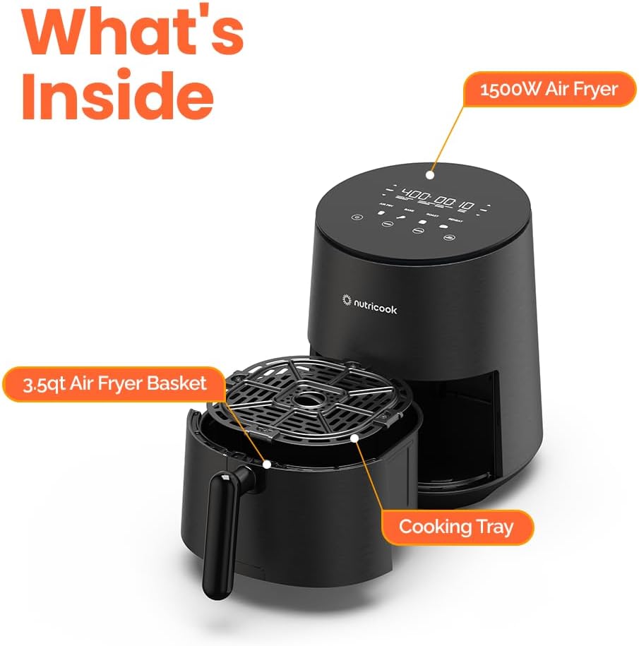 Nutricook Air Fryer - 8 Preset Functions, 3.5 Quart Compact Design, Tempered Glass Control Panel, Black