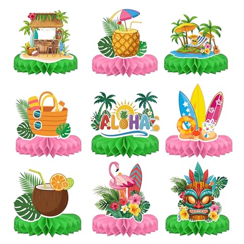 Hawaiian Luau Honeycomb Centerpieces, 9-Piece Tropical Party Table Decor