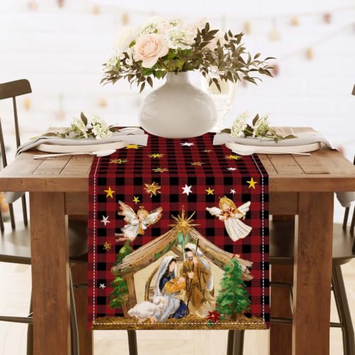 Christmas Angel Buffalo Plaid Nativity Scene Table Runner - Festive Holiday Decor