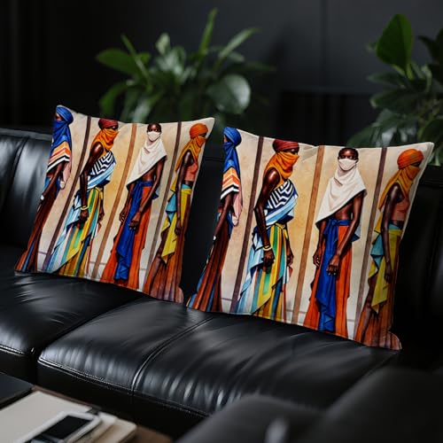 African Tribal Women Pillow Covers 18x18 Inches - Set of 2