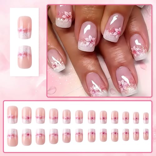 Pink White Gradient French Tip Press On Nails with Silver Glitter & Flower Design - Short Square Fake Nails Set