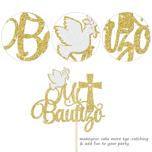 Spanish Mi Bautizo Cake Topper - Gold Glitter Cross Design 1