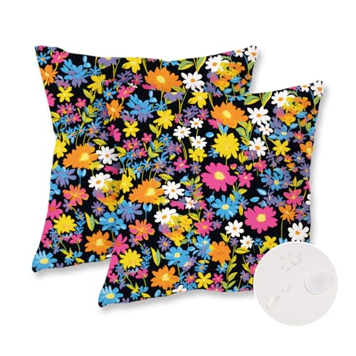 ONWAY Black Outdoor Floral Pillow Covers 18x18 Inch Waterproof Set of 2