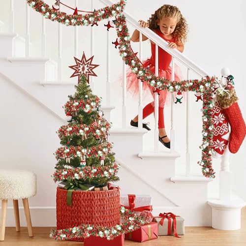 50FT Red Green Christmas Tinsel Garland with Snowman Ornaments - Metallic Xmas Decor