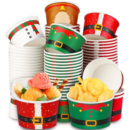 Large Christmas Snack Cups 16 Oz Pack of 100 Disposable Paper Bowls with Santa Snowman Elk Elf Designs
