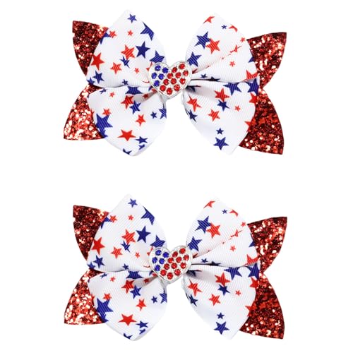 JOYRUBY 4th of July Sequin Hair Bow Clips - Red White & Blue Sparkly Cheer Barrettes for Girls