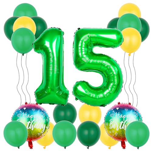 15th Birthday Party Decorations Set with Green Number 15 Balloons