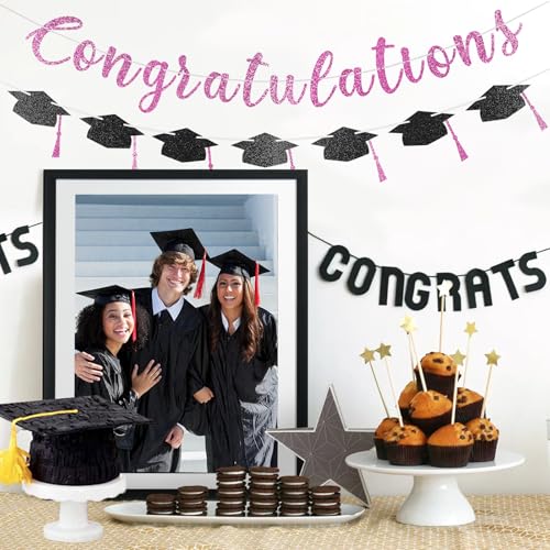 Pink Glitter Congratulations Banner for Graduation Party Class of 2026