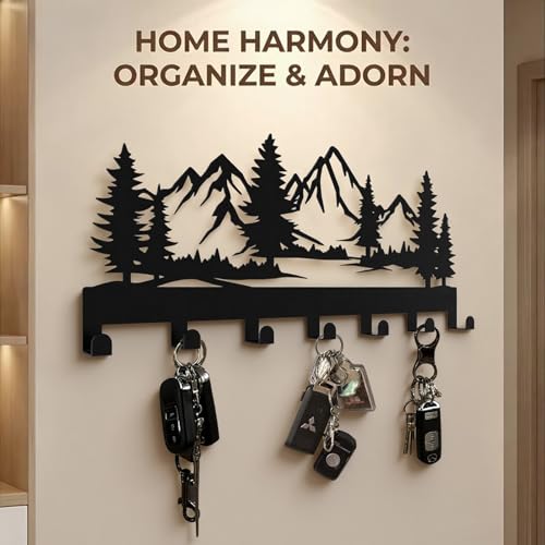 Hounahha 12-Inch Wall Mounted Key Holder with 7 Hooks, Mountain & Grove Design, Black Metal Storage Rack for Home & Office
