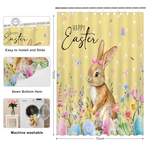Mocsicka Easter Bunny & Egg Shower Curtain Yellow 71x71in Waterproof Bathroom Decor