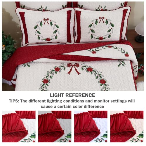 King Size Poinsettia Floral Bedspread Set with 2 Pillow Shams - Reversible Christmas Bedding