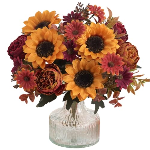 Fall Artificial Sunflower Peony Bouquet Set - 2 Pcs for Autumn Decor