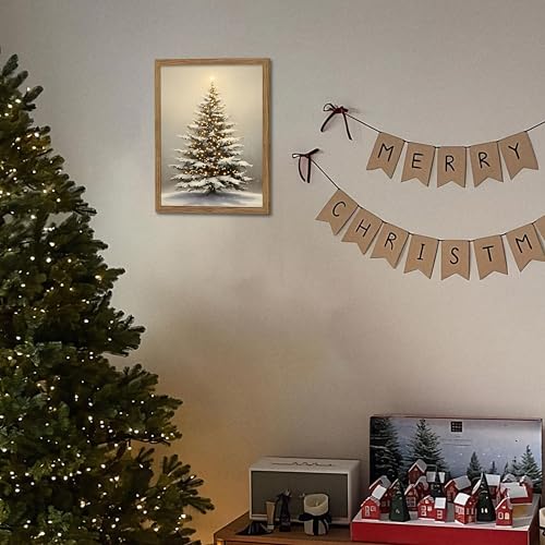 Christmas Tree Wall Decor Framed Snowy Holiday Canvas Art - 24x16 Inches