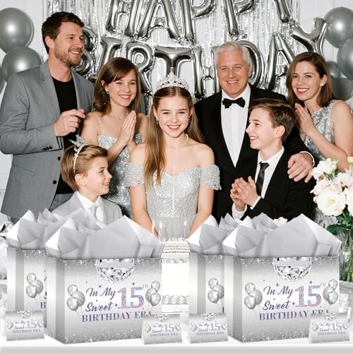 Iridescent 15th Birthday Gift Bag Set with Wrapping Paper and Card