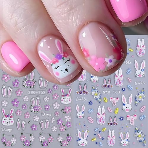 POWPOP 5D Embossed Easter Nail Art Stickers Bunny Flower Decals 4PCS