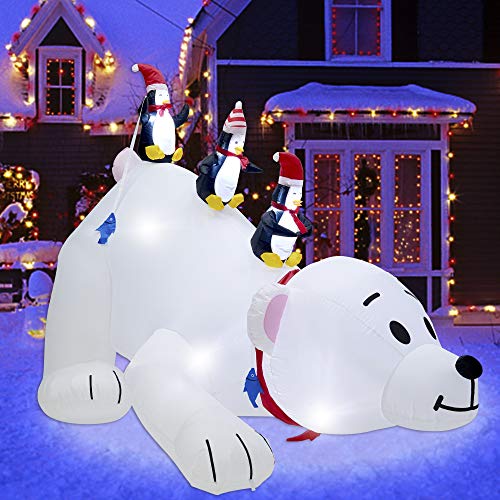 Large Lighted Christmas Inflatable Polar Bear with Penguins - Yard & Garden Decor