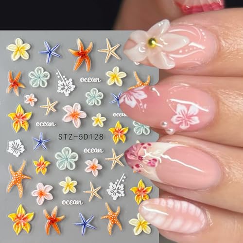 5D Embossed Ocean Nail Art Stickers - Summer Marine Starfish & Flowers