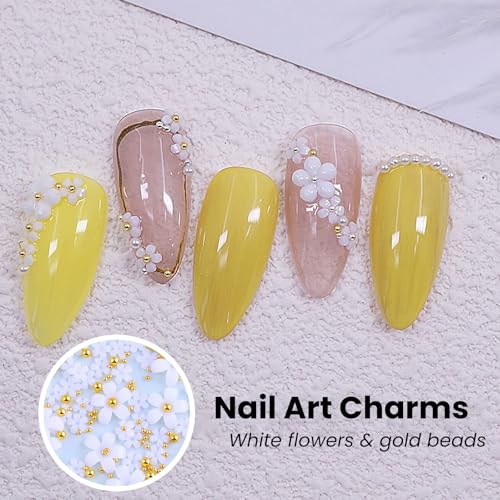BitsyRizz 3D White Flower Nail Art Charms with Gold Steel Beads for DIY Manicure