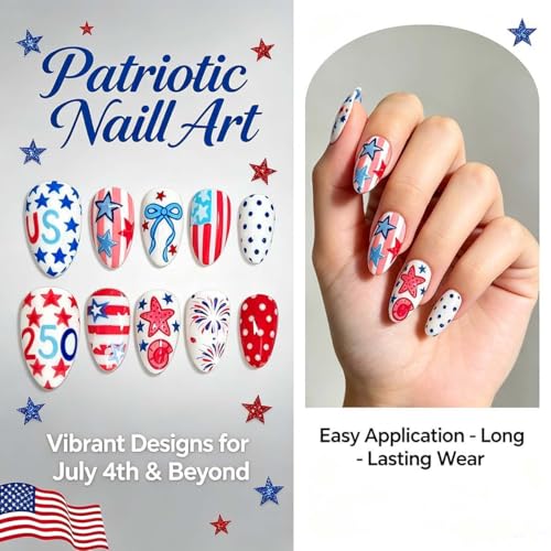4th of July Press on Nails Medium Almond USA Flag Fake Nails