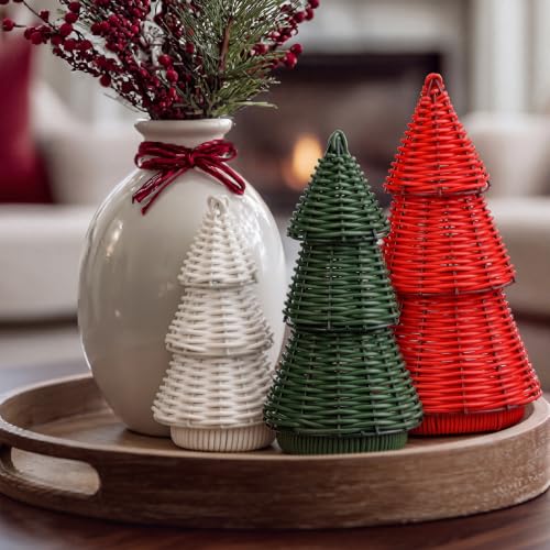 Qunclay 3 Pcs Rattan Christmas Tree Tabletop Decor - Classic Xmas Color