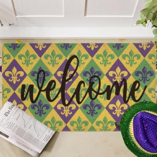 Eohak Mardi Gras Welcome Doormat 17x29 Inches Non-Slip Carnival Fleur-De-Lis Outdoor Entry Rug