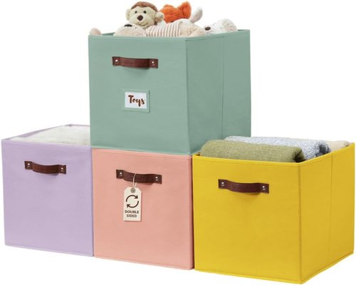 DECOMOMO Storage Baskets - 13x15x13 Cube Bins with Labels for Organizing Shelves | 4-Pack, Rainbow