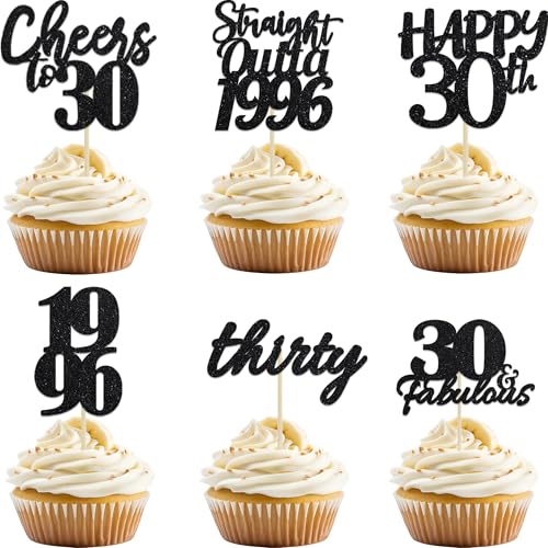30th Birthday Cupcake Toppers - Set of 6 Black Glitter Decorations