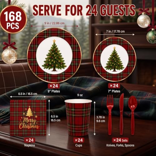 Christmas Party Supplies Set 168 Pcs Red Plaid Dinnerware for 24 Guests - Festive Holiday Tableware