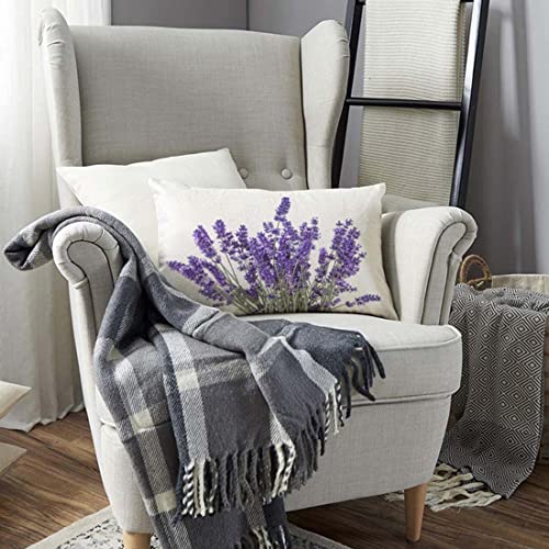 Lavender Flowers Throw Pillow Case - 12x20 Inch Faux Linen Cushion Cover
