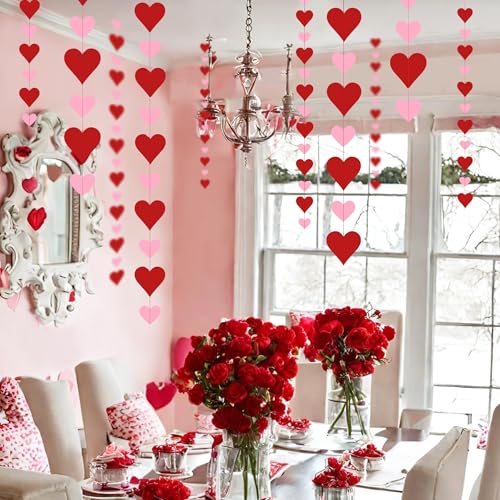 Heart Garland Decorations - 4 Pack Red & Pink Streamers for Valentine's Day