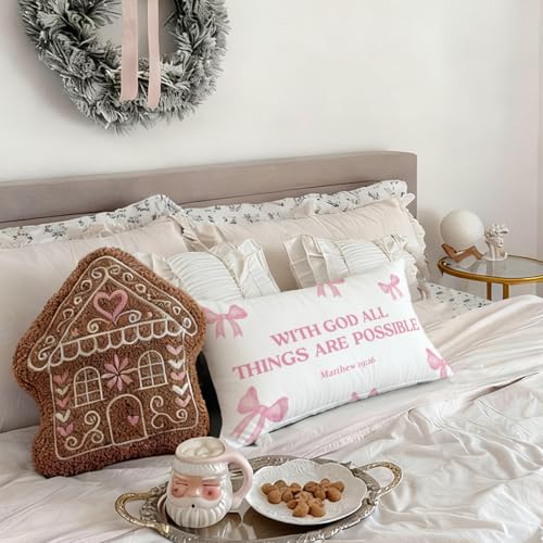 Pink 12x20 Flannelette Throw Pillow Cover - Matthew 19:26 Bow Design