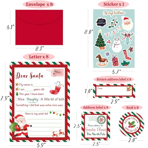 Christmas Letter to Santa Kit - 8 Sets with Envelopes, Labels & Stickers
