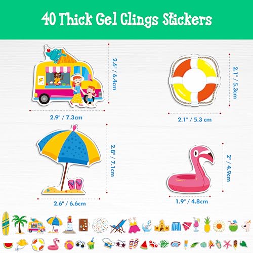40PCS Summer Beach Reusable Jelly Stickers, Waterproof Gel Window Clings
