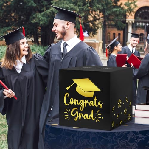 Graduation Card Box 9.1" - Black Gold Money Holder for Class of 2026