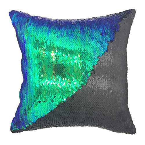YOUR SMILE Mermaid Throw Pillow Cover - Reversible Sequins, 16"x16", Green/Black