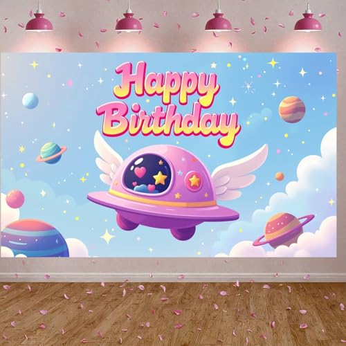Pink Space Birthday Backdrop Galaxy Planet Rocket Party Banner 35x70