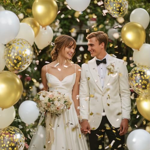50 Pcs Sand White & Gold Confetti Balloons for Parties