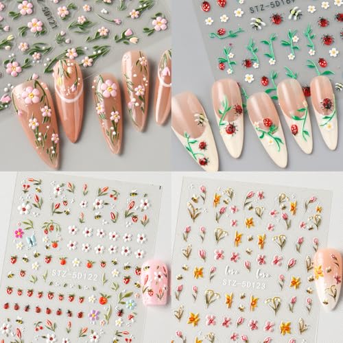 Brtavizvy 5D Embossed Flower Nail Art Stickers - Spring Floral & Leaf Decals with Tweezer