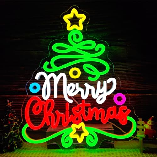Merry Christmas Neon Sign - Christmas Tree Dimmable Wall Decor for Holiday & Family