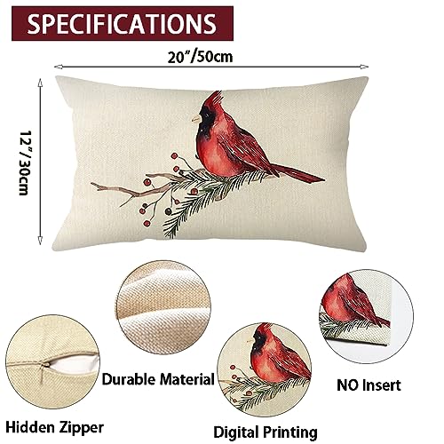 Christmas Cardinal Throw Pillow Cover - 12x20 Inch Cushion Case