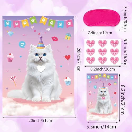 Cat Party Games Set - Pin the Heart on the Cat Poster with Stickers