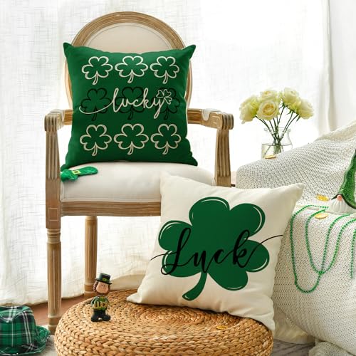 AVOIN St Patrick's Day Lucky Clover Throw Pillow Covers, 18x18 Inch (Set of 4)