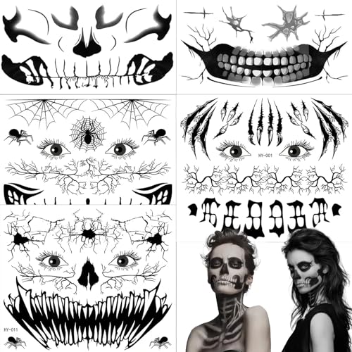 Halloween Face Tattoos - 5 Sheets Zombie Skull Makeup Stickers