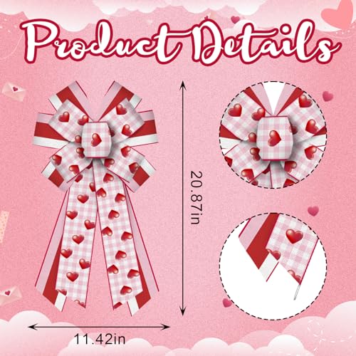 Large Valentine's Day Heart Bow - Pink White Buffalo Plaid & Red Stripe