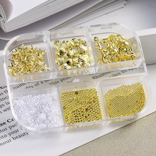 FSpronail Summer 3D Ocean Beach Nail Charms Gold Seashell Gems Set