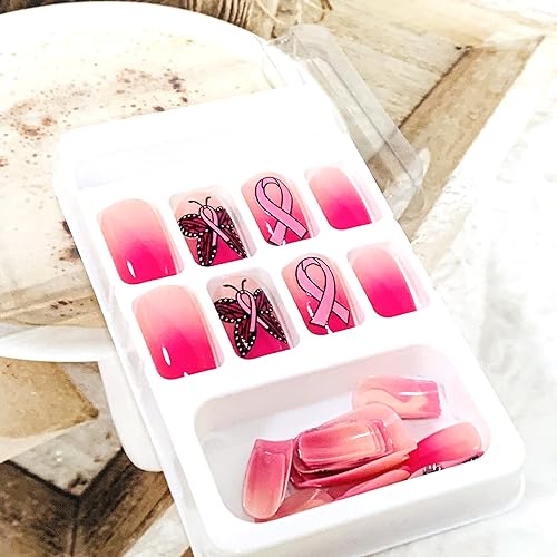 Onsdag Pink Press on Nails Short Square Glossy Butterfly False Nails