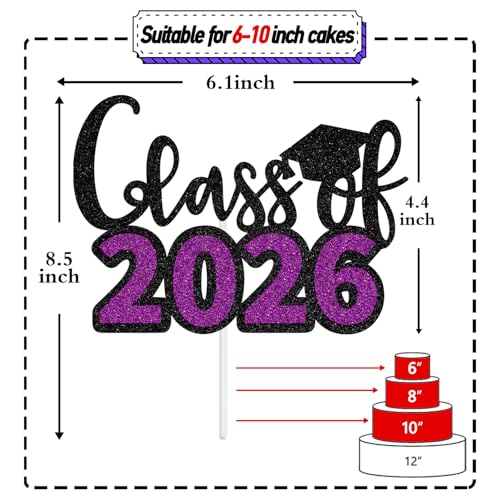 Class of 2026 Graduation Cake Topper - Black & Purple Glitter