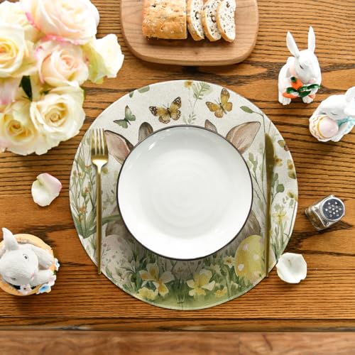 14 Inch Egg Bunny Rabbit Butterfly Floral Easter Placemats Set of 4 - Beige
