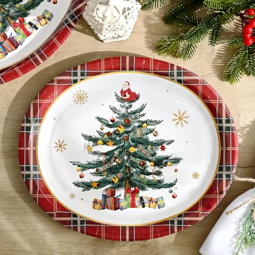 Christmas Oval Paper Plates 12 x 10 Inches Disposable Holiday Tableware Set of 50